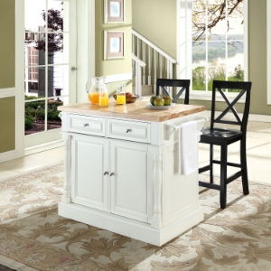 Butcher Block Top Kitchen Island with Black X-Back Stools - White 