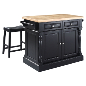 Butcher Block Top Kitchen Island and Upholstered Saddle Stools - Black 