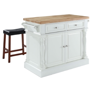 Butcher Block Top Kitchen Island and Saddle Stools - White 