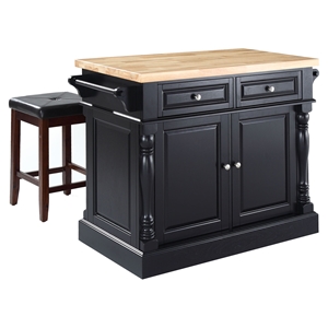 Butcher Block Top Kitchen Island with Square Seat Stools - Black 