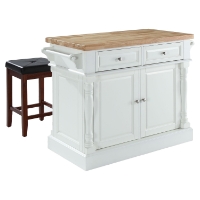 Butcher Block Top Kitchen Island with Square Seat Stools - White