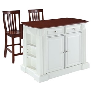 Drop Leaf Kitchen Island in White with 24" Cherry School House Stools 