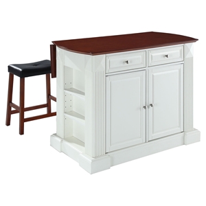 Drop Leaf Breakfast Bar Top Kitchen Island in White with 24" Cherry Stools 