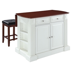 Drop Leaf Kitchen Island in White with 24" Cherry Square Seat Stools 