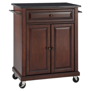Solid Black Granite Top Portable Kitchen Island Cart - Vintage Mahogany 