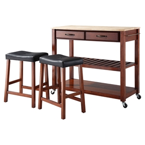 Natural Wood Top Kitchen Cart/Island and Saddle Stools - Classic Cherry 