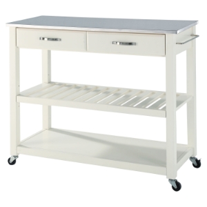 Stainless Steel Top Kitchen Island Cart - Optional Stool Storage, White 