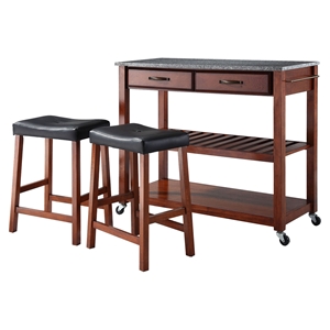 Solid Granite Top Kitchen Island Cart and Saddle Stools - Classic Cherry 