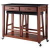 Solid Black Granite Top Kitchen Cart/Island and Stools - Classic Cherry - CROS-KF300544CH