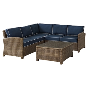 Bradenton 4-Piece Outdoor Seating Set - Navy Cushions, Light Brown Wicker 