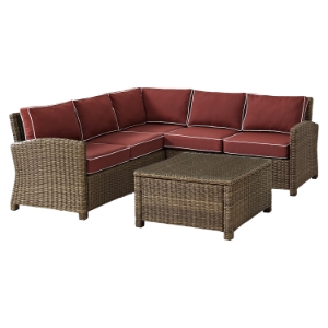 Bradenton 4 PC Outdoor Seating Set - Sangria Cushions, Light Brown Wicker 