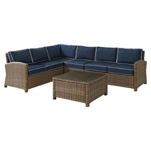 Bradenton 5-Piece Outdoor Seating Set - Navy Cushions, Light Brown Wicker 