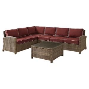 Bradenton 5-Piece Seating Set - Sangria Cushions, Light Brown Wicker 