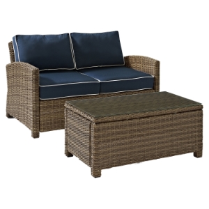 Bradenton Wicker Loveseat and Glass Top Table with Navy Cushions 