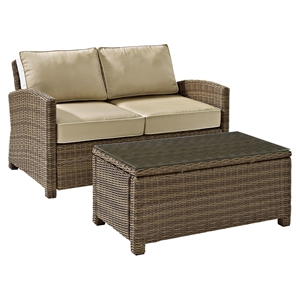 Bradenton Wicker Loveseat and Glass Top Table with Sand Cushions 
