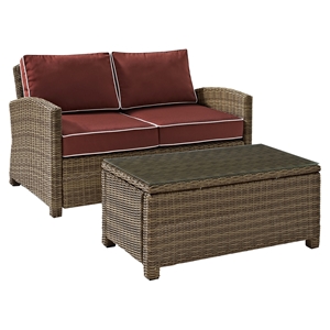 Bradenton Wicker Loveseat and Glass Top Table with Sangria Cushions 