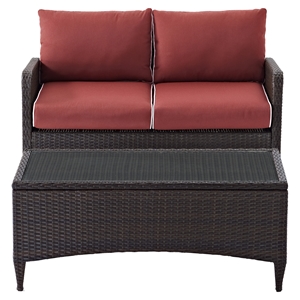 Kiawah 2-Piece Outdoor Wicker Loveseat and Table - Sangria Cushions 