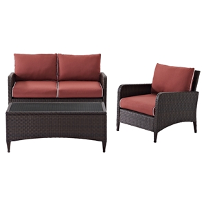 Kiawah 3-Piece Outdoor Wicker Seating Set - Sangria Cushions 