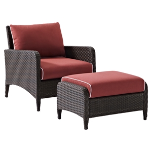 Kiawah Arm Chair and Ottoman - Sangria Cushions, Dark Brown Wicker 