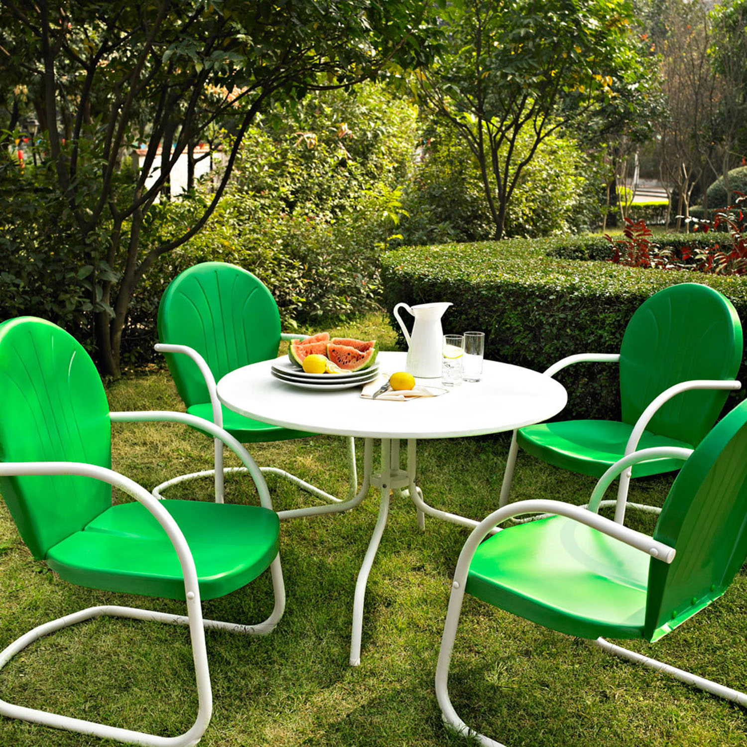 Griffith Metal 40" 5-Piece Outdoor Dining Set - Green Chairs, White