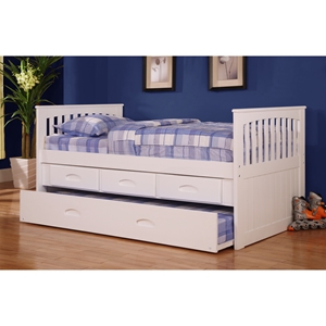 Twin Mission Rake Bed - 3 Drawers Elevation Storage and Trundle, White 