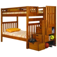 Peggy Twin Bunk Bed - Storage Staircase, Shelves, Honey