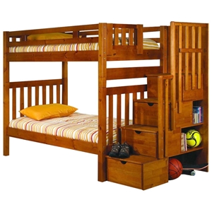 Peggy Twin Bunk Bed - Storage Staircase, Shelves, Honey 