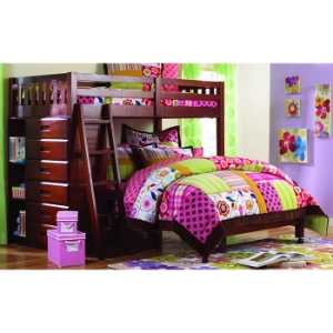 Nerine Twin Over Full Loft Bed - Chest, Shelves, Merlot Finish 