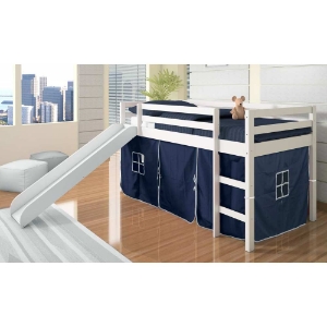 Marsden White Wooden Loft Bed - Slide, Blue Tent 