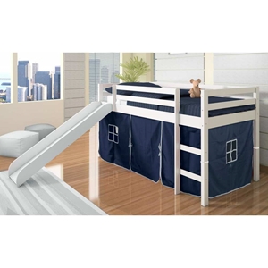 Marsden White Wooden Loft Bed - Slide, Blue Tent 
