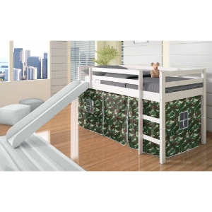 Marsden White Wooden Loft Bed - Slide, Camo Tent 