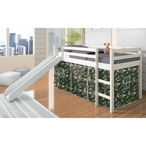 Marsden White Wooden Loft Bed - Slide, Camo Tent 
