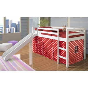 Marsden White Wooden Loft Bed - Slide, Red & White Polka Dot Tent 