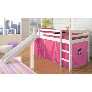 Marsden White Wooden Loft Bed - Slide, Pink Tent 
