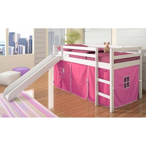 Marsden White Wooden Loft Bed - Slide, Pink Tent 