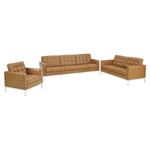 Loft 3 Pieces Sofa Set - Leather, Tufted, Tan 