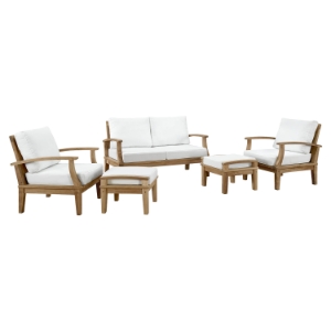 Marina 5 Pieces Patio Sofa Set - Natural Frame, White 