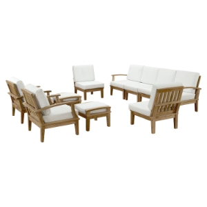 Marina 10 Pieces Outdoor Patio Teak Sofa Set - Natural Frame, White 