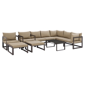 Fortuna 10 Pieces Patio Sectional Sofa Set - Brown Frame, Mocha Cushion 