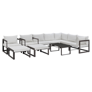 Fortuna 10 Pieces Patio Sectional Sofa Set - Brown Frame, White Cushion 