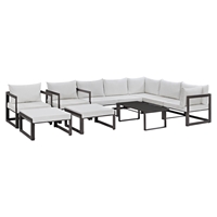 Fortuna 10 Pieces Patio Sectional Sofa Set - Brown Frame, White Cushion