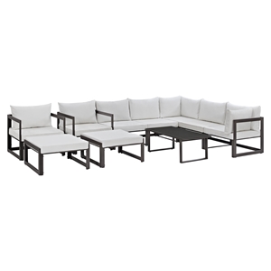 Fortuna 10 Pieces Patio Sectional Sofa Set - Brown Frame, White Cushion 