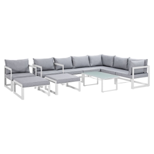 Fortuna 10 Pieces Patio Sectional Sofa Set - White Frame, Gray Cushion 