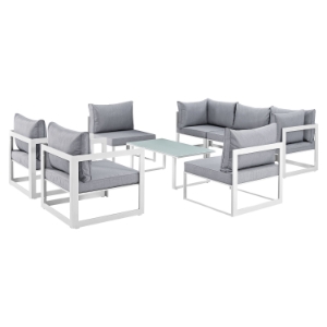 Fortuna 8 Pieces Patio Sectional Sofa Set - White Frame, Gray Cushion 