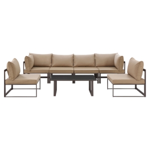 Fortuna 7 Pieces Patio Sectional Sofa Set - Brown Frame, Mocha Cushion 