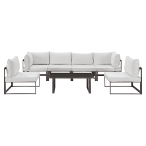 Fortuna 7 Pieces Patio Sofa Set - Brown Frame, White Cushion 