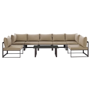 Fortuna 8 Pieces Armless Patio Sofa Set - Brown Frame, Mocha Cushion 