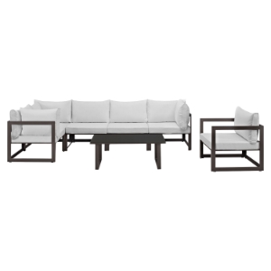 Fortuna 7 Pieces Patio Sectional Sofa Set - Brown Frame, White Cushion 