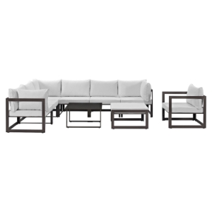 Fortuna 9 Pieces Patio Sectional Sofa Set - Brown Frame, White Cushion 