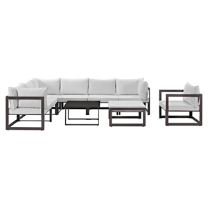 Fortuna 9 Pieces Patio Sectional Sofa Set - Brown Frame, White Cushion 